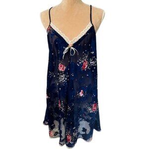 Vintage 90's Floral Slip Dress Lace Trim Rose Accent Babydoll & Robe Set L/XL